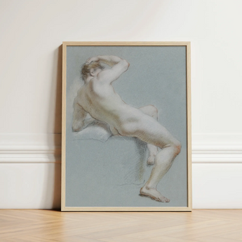Seated Naked Man Fine Art Print / Canvas Framed Classical Nude Study Soft Pastel Tones Rendered Sits, Arm Hooked Overhead, Body Opening