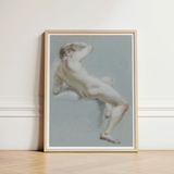 Seated Naked Man Fine Art Print / Canvas Framed Classical Nude Figure Soft Muted Sits, Arm Hooked Overhead, Body Opening Prints