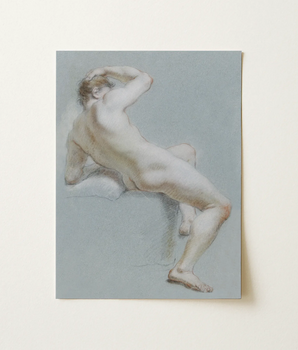 Soft Pastel Sketch Nude Male Figure Stone Surface Naked Man Sits, Arm Hooked Overhead, Body Opening