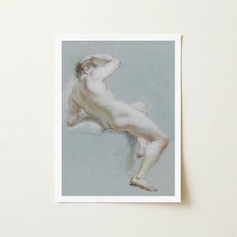 Seated Naked Man Fine Art Print / Canvas Soft-toned Pastel Nude Male Figure Stone Surface Sits, Arm Hooked Overhead, Body Opening Prints