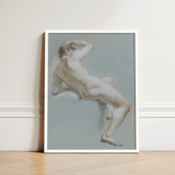 Seated Naked Man Fine Art Print / Canvas Framed Artwork Nude Male Figure Soft Muted Tones Sits, Arm Hooked Overhead, Body Opening Prints