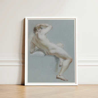 Seated Naked Man Fine Art Print / Canvas Framed Artwork Nude Male Figure Soft Muted Tones Sits, Arm Hooked Overhead, Body Opening Prints