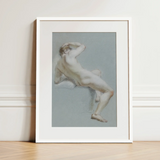 Seated Naked Man Fine Art Print / Canvas Framed Artwork Nude Male Figure Soft Pastel Tones Sits, Arm Hooked Overhead, Body Opening Prints