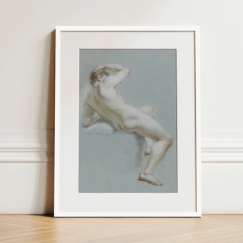 Seated Naked Man Fine Art Print / Canvas Framed Artwork Nude Male Figure Soft Pastel Tones Sits, Arm Hooked Overhead, Body Opening Prints