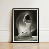 Black-framed Black-and-white Photographic Print Nude Woman Hand Raised Inside Jacob Merkelbach’s, Leidseplein, Atelier, Hair Falls Dark,