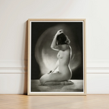 Black-and-white Framed Photograph Nude Woman Hand Raised Head Inside Jacob Merkelbach’s, Leidseplein, Atelier, Hair Falls Dark, Left Palm