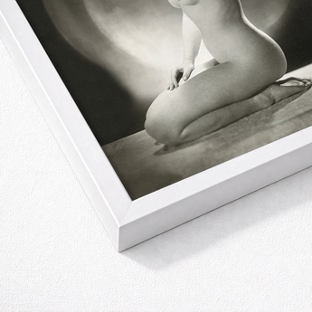 White Framed Black Photographic Print Nude Figure Inside Jacob Merkelbach’s, Leidseplein, Atelier, Hair Falls Dark, Left Palm Presses,