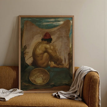 Seated Tajik - William Etty Art Print / Canvas Framed Painting Nude Figure Red Hat Rendered Earthy William Etty, Etty Turns, Male Eastward,