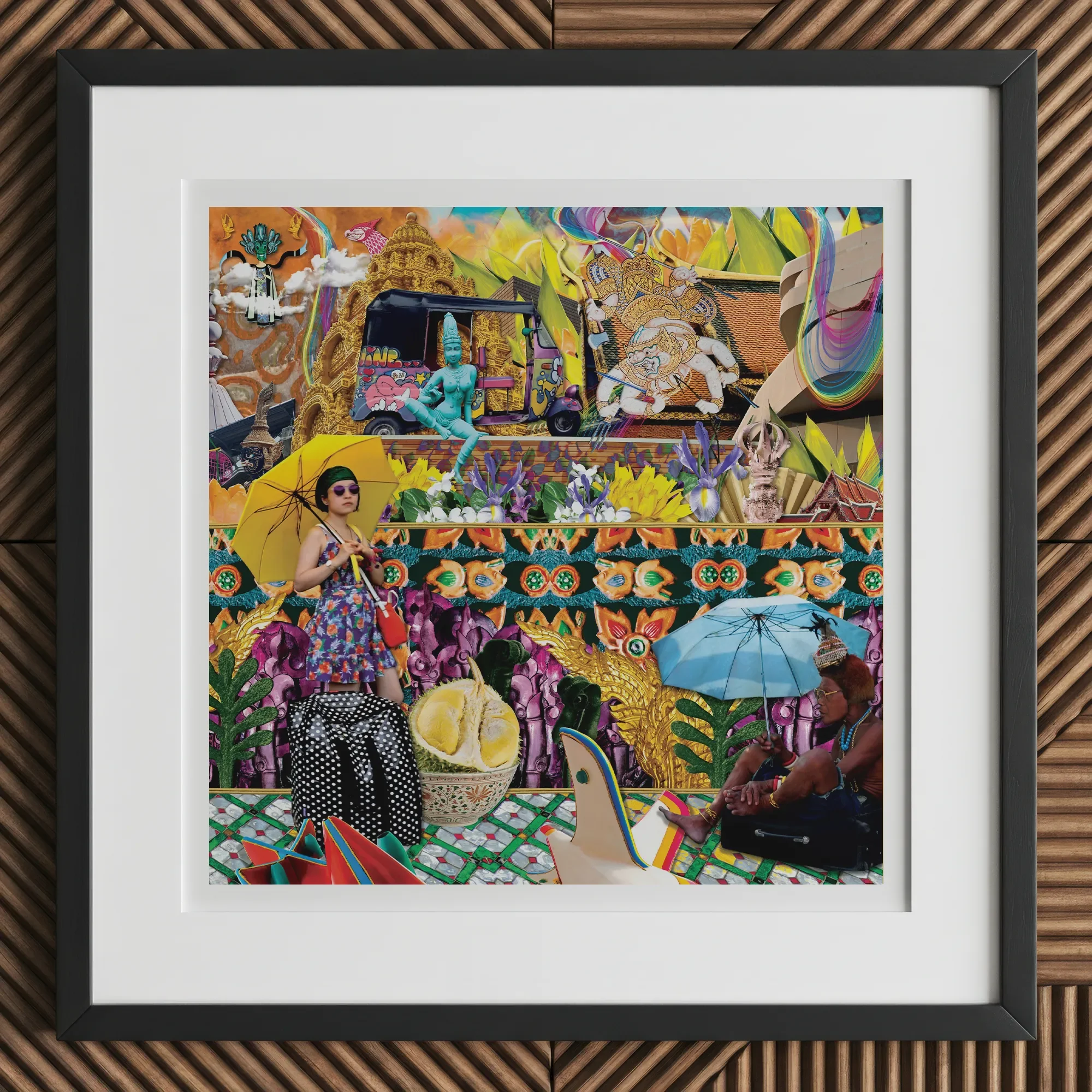 Second Homesick Pt 1 - Surreal Thai Collage Art Print, 12x12’’ / 31x31cm / Black Frame / 2’’ Matboard, Vibrant Framed Collage Artwork Asian