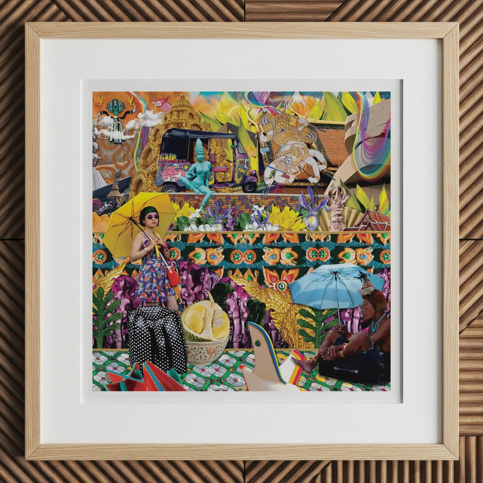 Second Homesick Pt 1 - Surreal Thai Collage Art Print, 12x12’’ / 31x31cm / Natural Frame / 2’’ Matboard, Framed Vibrantly Colored Abstract