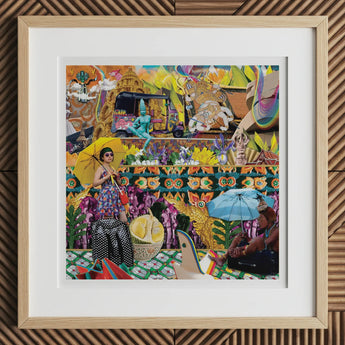Second Homesick Pt 1 - Surreal Thai Collage Art Print, 12x12’’ / 31x31cm / Natural Frame / 2’’ Matboard, Framed Vibrantly Colored Abstract