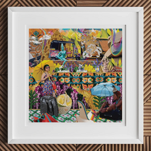 Second Homesick Pt 1 - Surreal Thai Collage Art Print, 12x12’’ / 31x31cm / White Frame / 2’’ Matboard, Vibrant Framed Mixed-media Collage