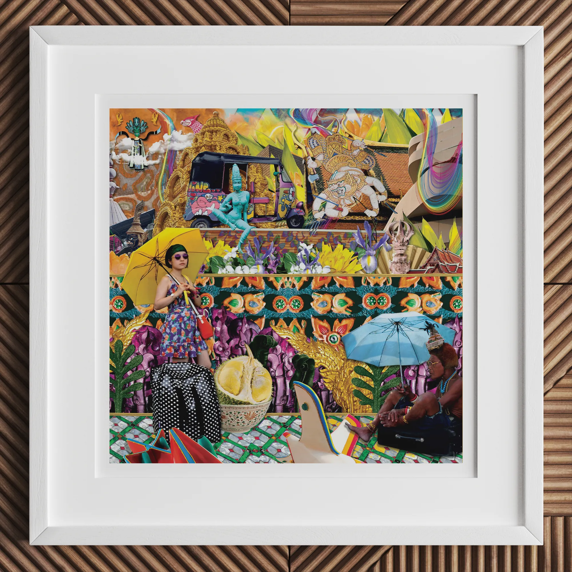 Second Homesick Pt 1 - Surreal Thai Collage Art Print, 12x12’’ / 31x31cm / White Frame, Vibrant Framed Mixed-media Collage Colorful Busy