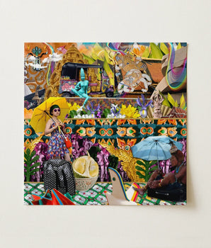 Vibrant Collage Artwork Woman Patterned Dress Yellow Umbrella Bangkok’s Urban Pandemonium, Kaleidoscopic Fever Dream, Surreal Thai