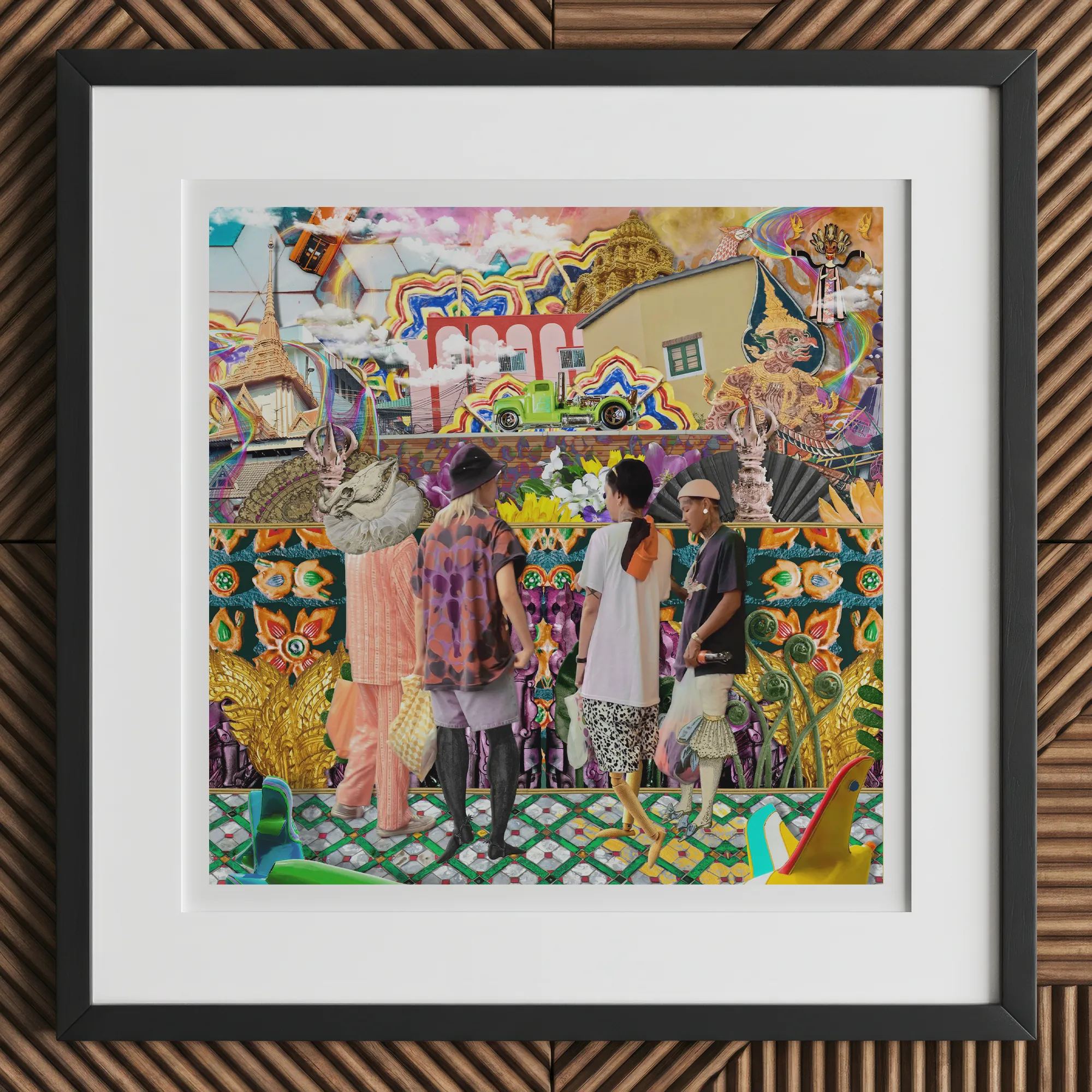 Second Homesick Pt 2 - Surreal Bangkok Collage Art Print, 12x12’’ / 31x31cm / Black Frame / 2’’ Matboard, Framed Mixed-media Collage Art