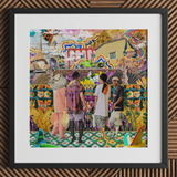 Surreal Bangkok collage art print with figures, framed.