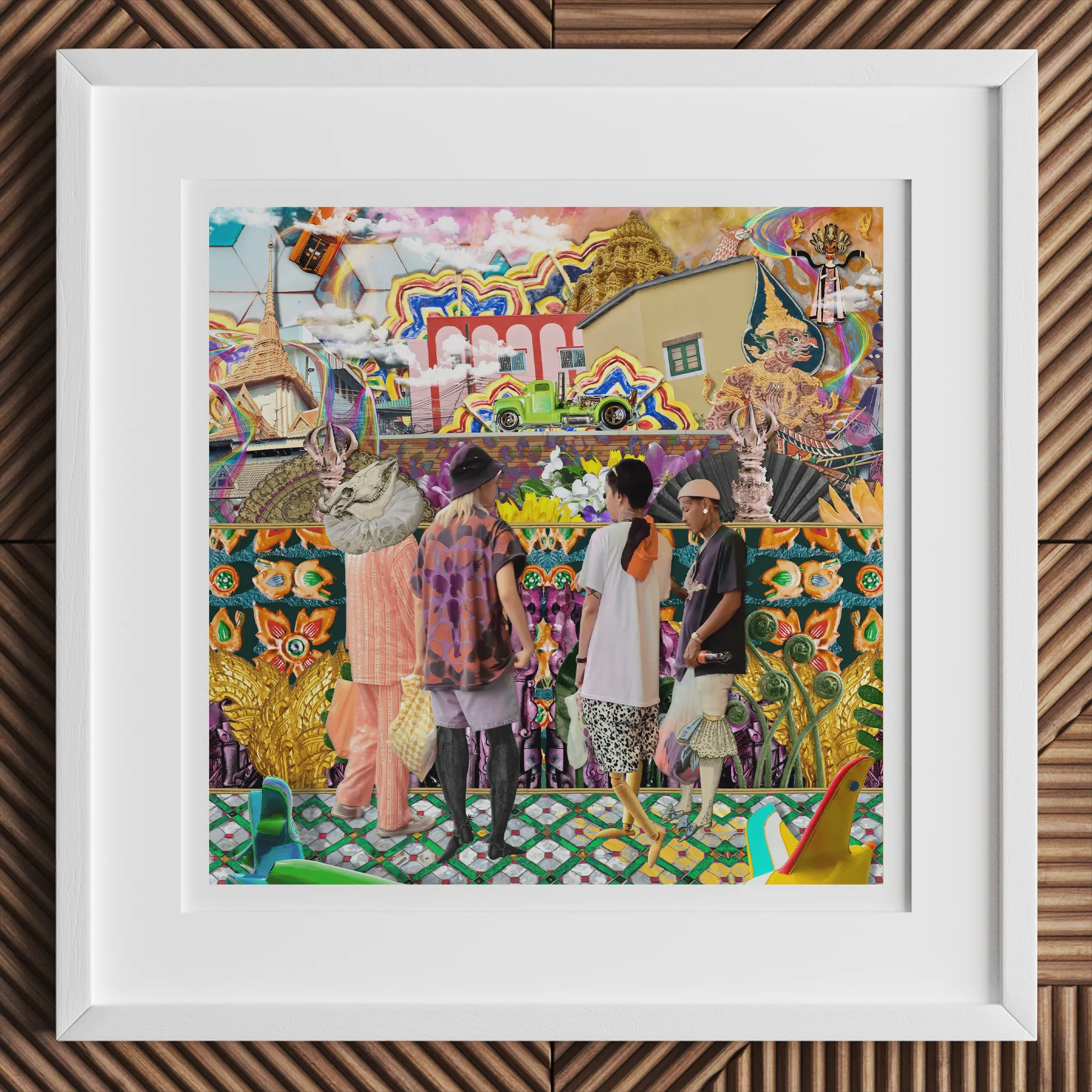 Second Homesick Pt 2 - Surreal Bangkok Collage Art Print, 12x12’’ / 31x31cm / White Frame / 2’’ Matboard, Colorful Framed Collage Artwork