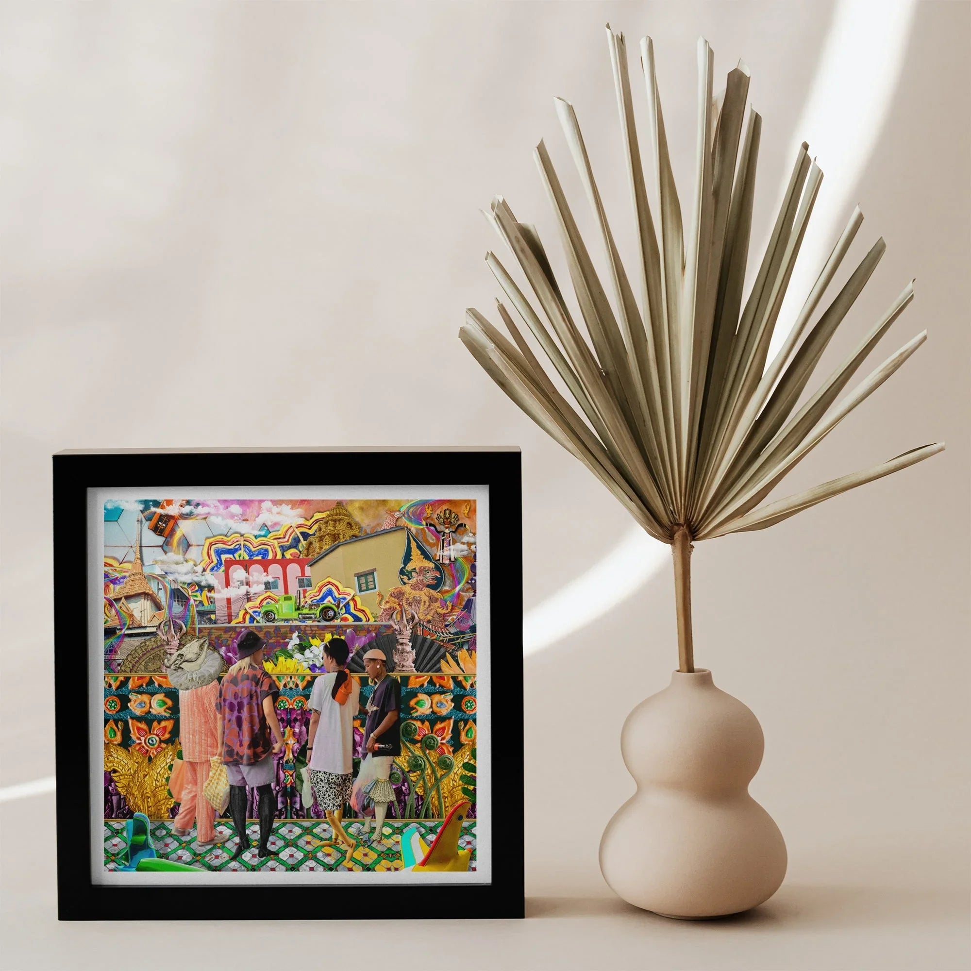 Second Homesick Pt 2 Surreal Bangkok Collage Art Print, Colorful Framed Artwork Vibrant Street Scene Vase Dried