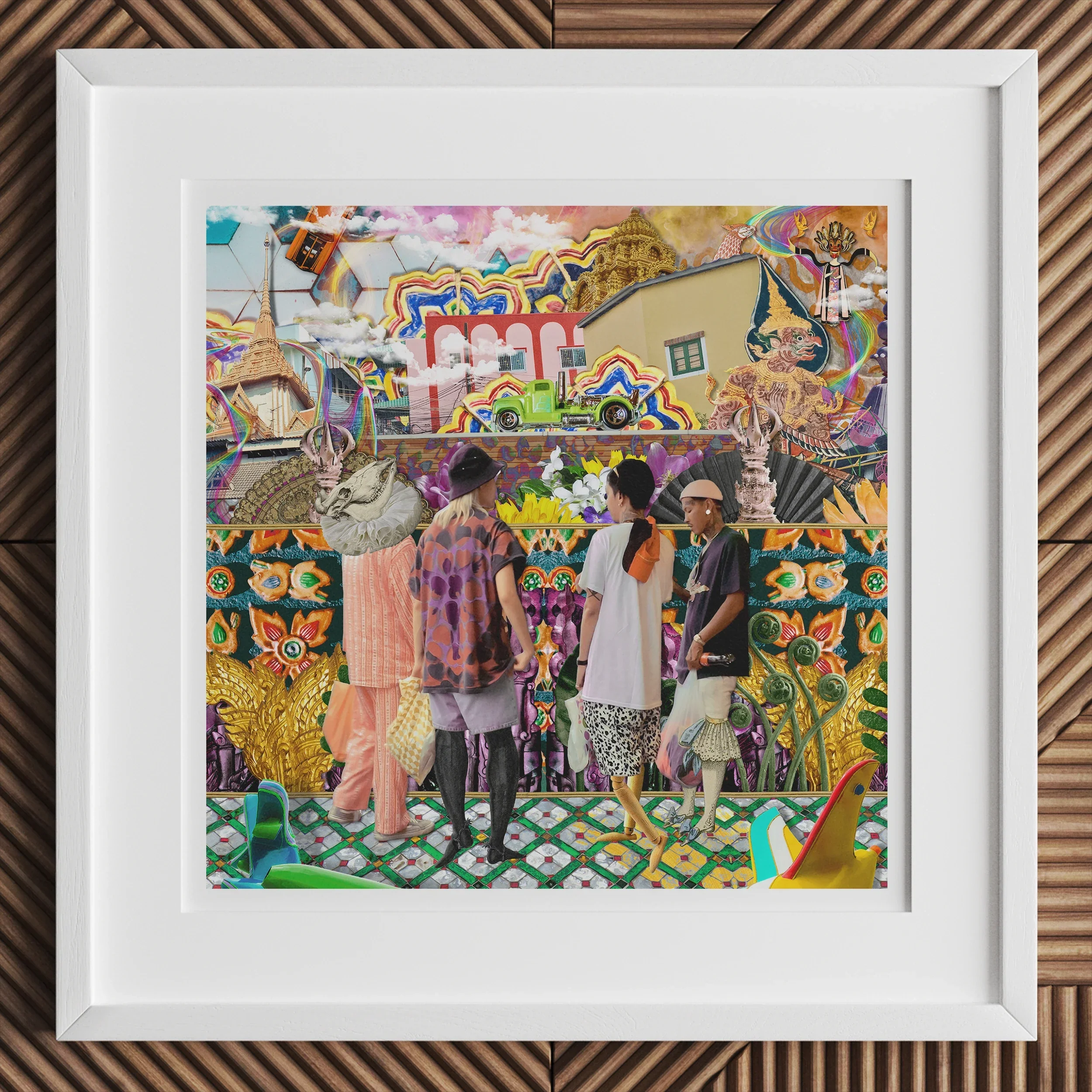 Second Homesick Pt 2 - Surreal Bangkok Collage Art Print, Framed Collage Artwork Colorful Busy Street Scene Figures