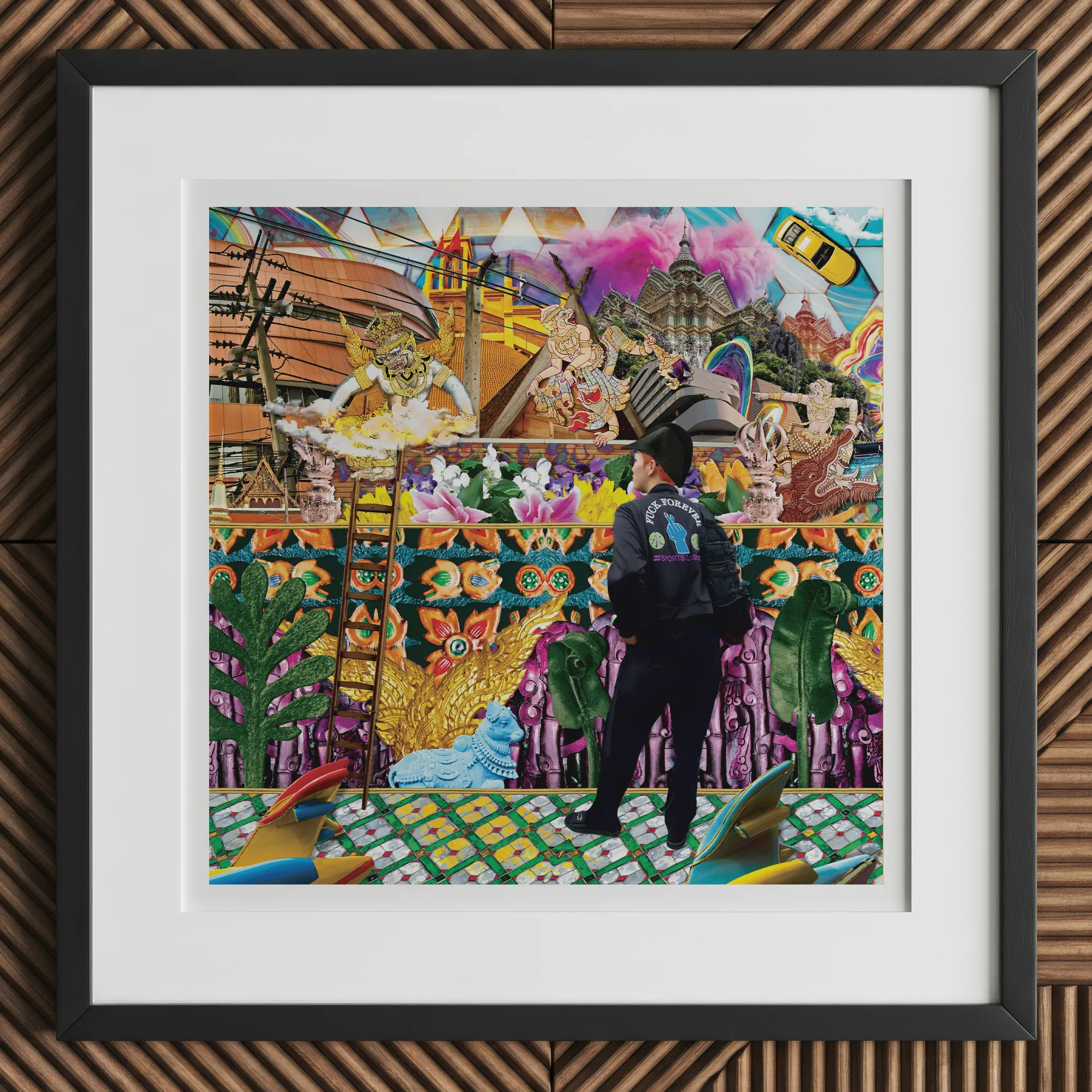 Second Homesick Pt 3 - Surreal Khrungthep Collage Art Print, 12x12’’ / 31x31cm / Black Frame / 2’’ Matboard, Framed Vibrant Collage Art