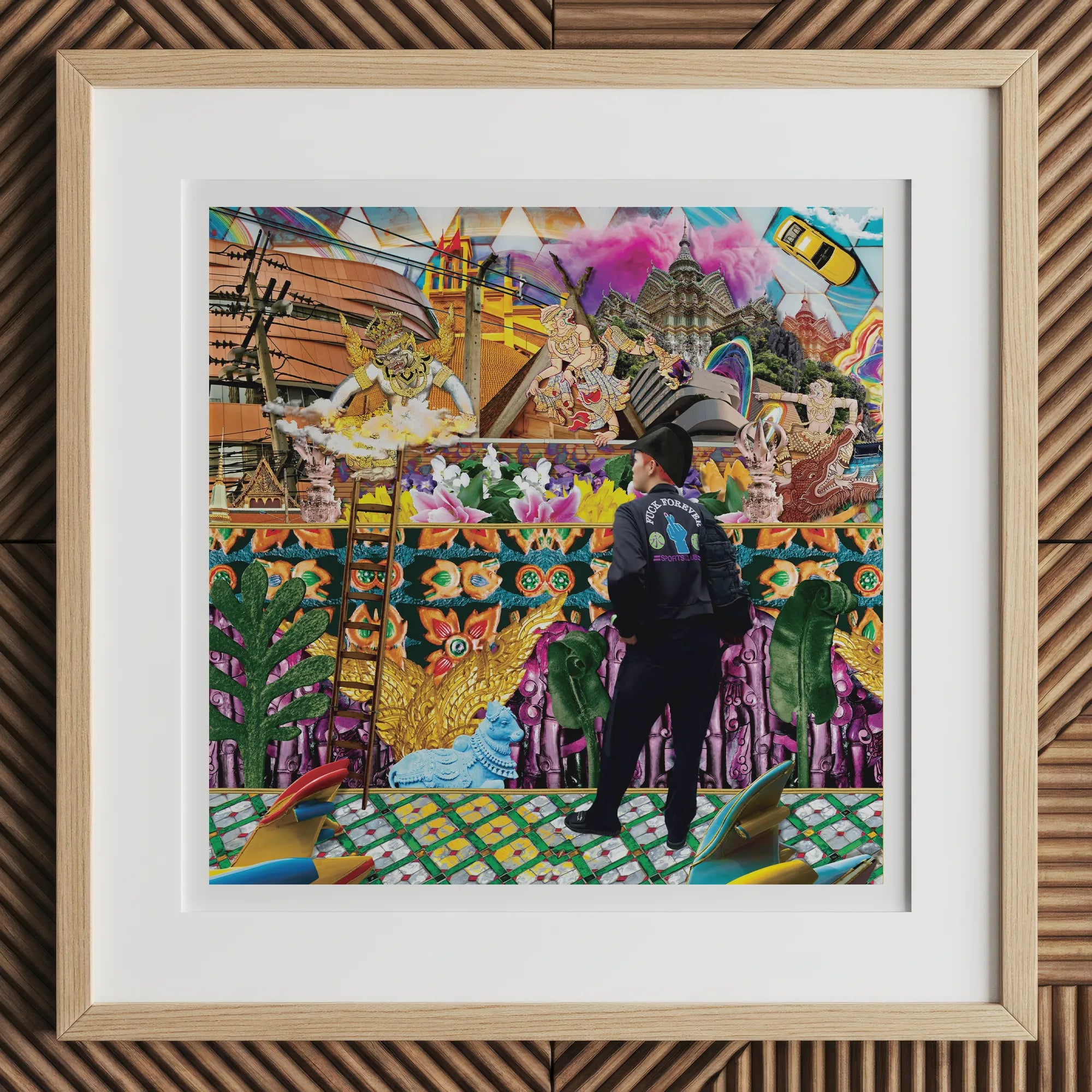 Second Homesick Pt 3 - Surreal Khrungthep Collage Art Print, 12x12’’ / 31x31cm / Natural Frame / 2’’ Matboard, Framed Colorful Collage Art