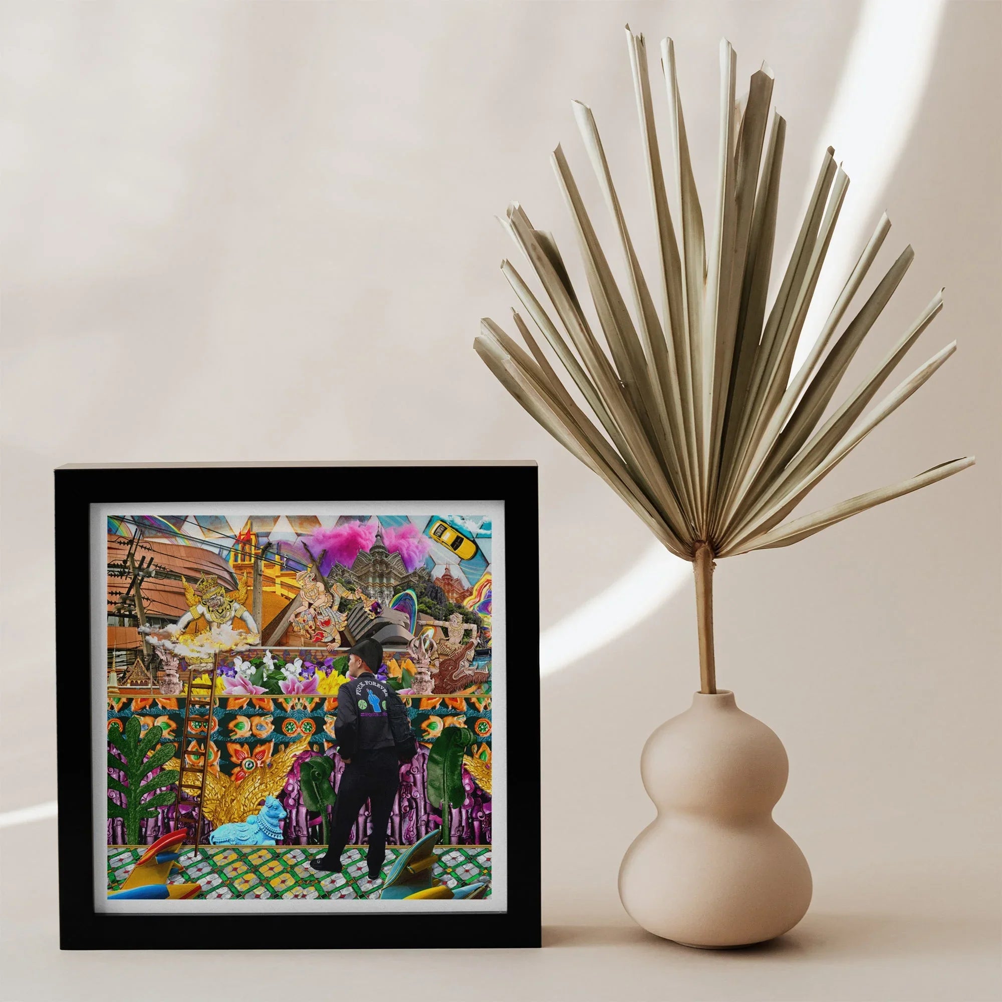 Second Homesick Pt 3 Surreal Khrungthep Collage Art Print, Colorful Abstract Framed Artwork Vibrant Cityscape Figures