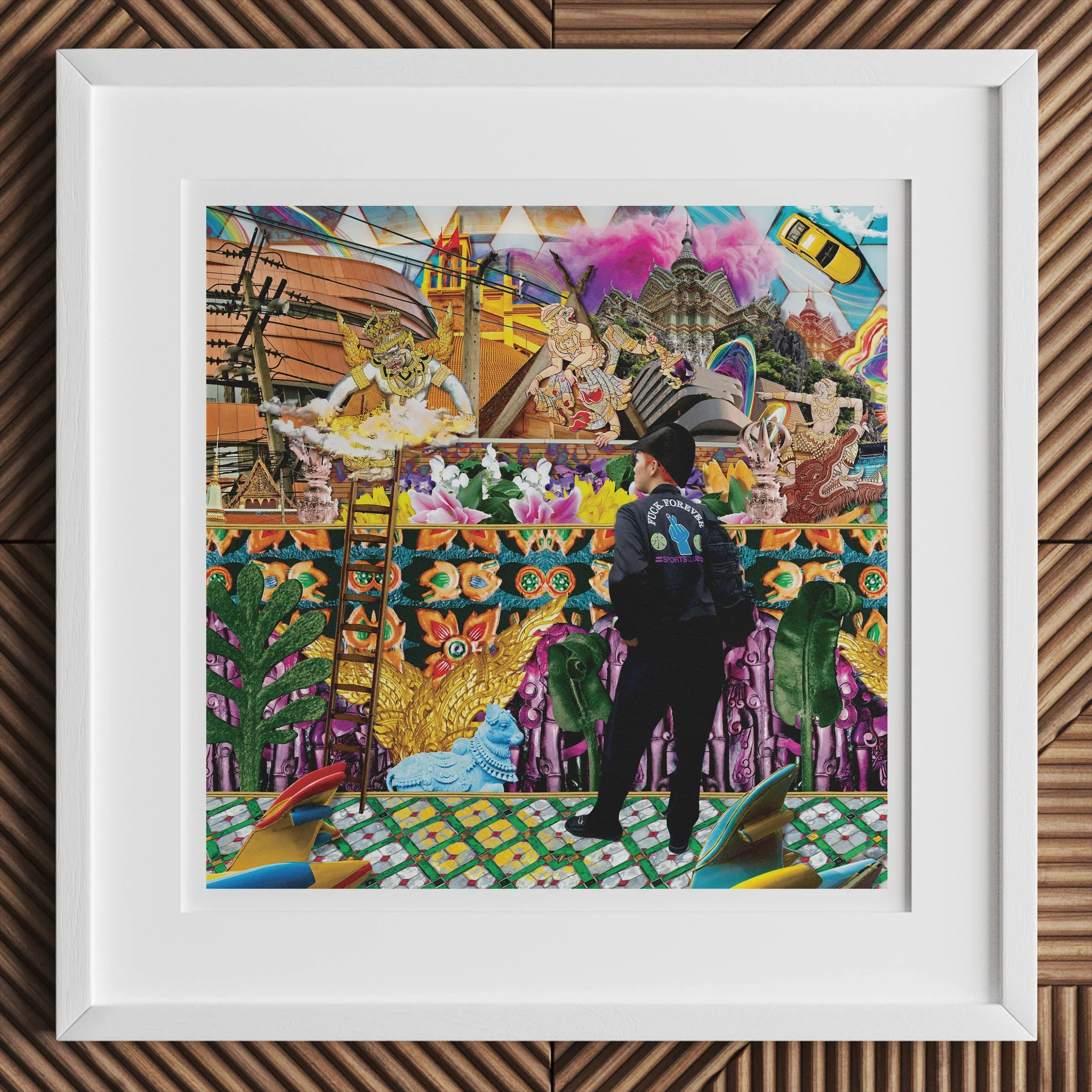 Second Homesick Pt 3 - Surreal Khrungthep Collage Art Print, Colorful Collage Artwork City Scene Silhouetted Figure