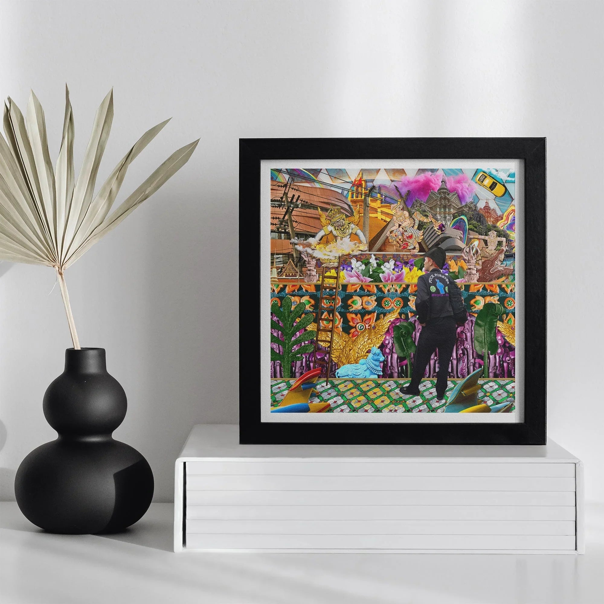 Second Homesick Pt 3 Surreal Khrungthep Collage Art Print, Colorful Eclectic Framed Artwork Vibrant Festival Carnival Scene