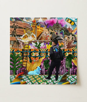 Vibrant Collage-style Framed Artwork Man Black Attire Intricate Bangkok’s Kaleidoscopic Soul, Surreal Khrungthep Collage, Maximalist Pop Art