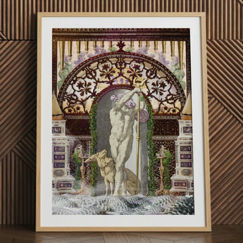 Collage art print of a mythological figure with a dog, framed.
