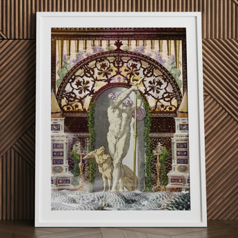 Gay myth of a man & dog at a private dock, framed.