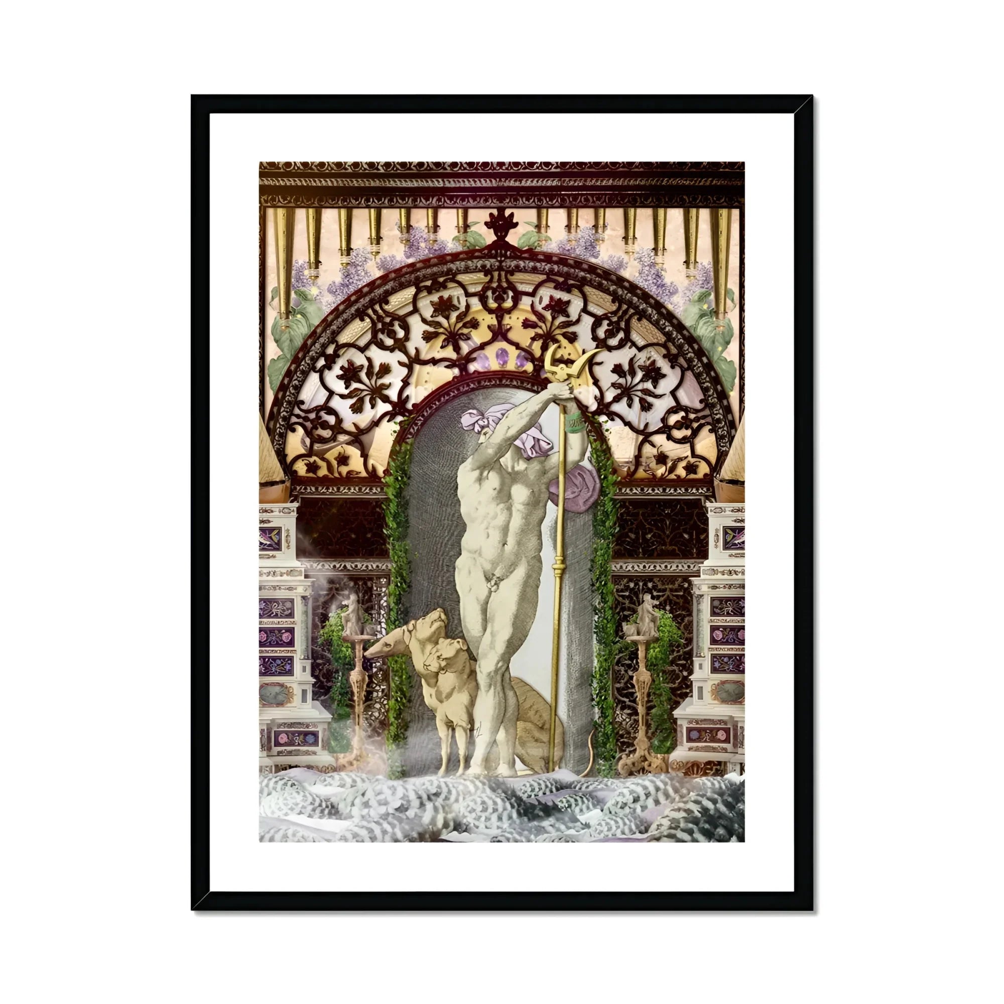 Secret Dog Private Dock - Gay Myth Collage Art Print, Classical Nude Sculpture Stands Beneath Ornate Archway