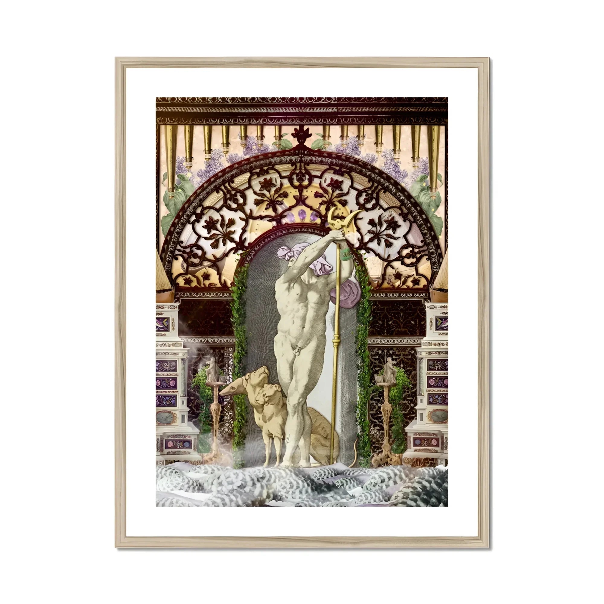 Secret Dog Private Dock - Gay Myth Collage Art Print, Classical Nude Sculpture Stands Beneath Ornate Archway Staff