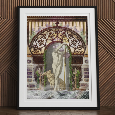 Secret Dog Private Dock - Gay Myth Collage Art Print, Framed Artwork Classical Nude Figures Ornate Architectural