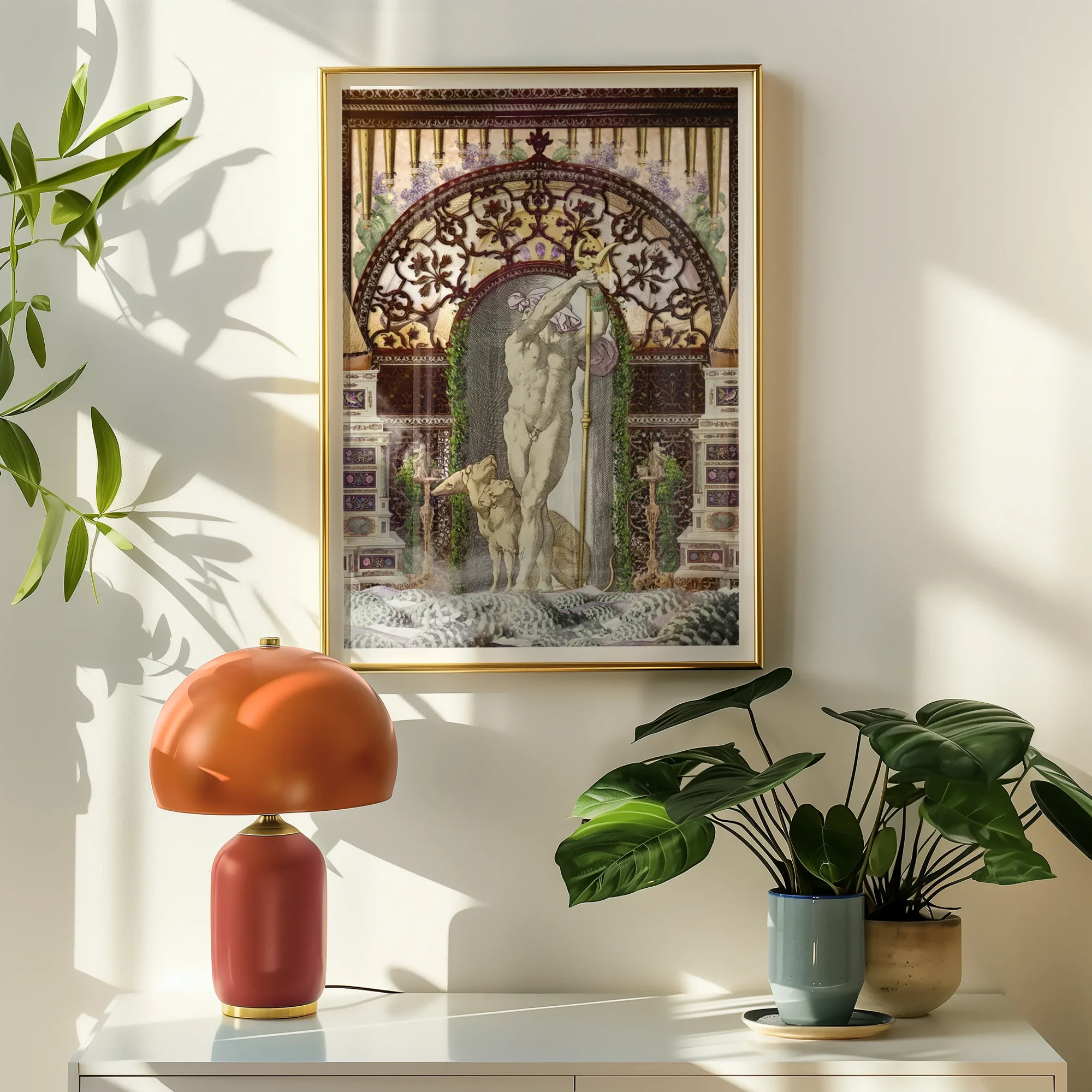 Secret Dog Private Dock - Gay Myth Collage Art Print, Framed Artwork Classical-style Statue Ornate Archway