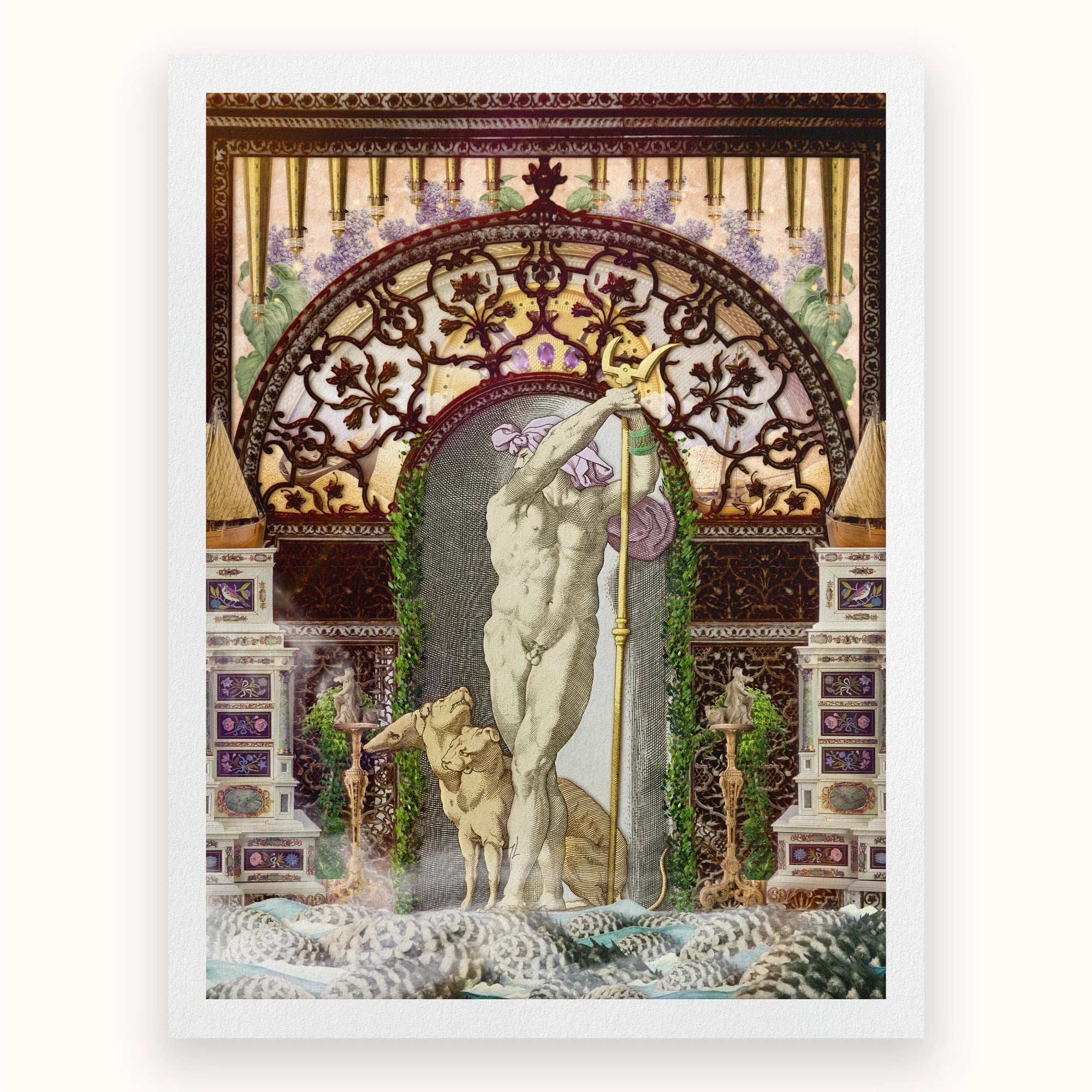 Secret Dog Private Dock - Gay Myth Collage Art Print, Ornate Archway Framing Classical Statue Nude Figure Staff