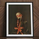 Gay bondage art print, framed portrait of person with red blindfold.