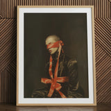 Framed gay bondage portrait art print with red ribbon.