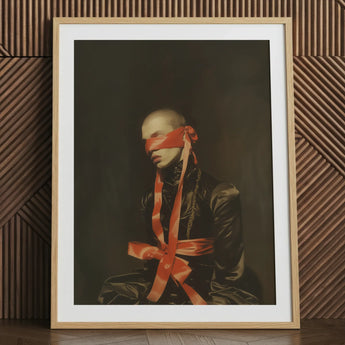 Framed gay bondage portrait art print with red ribbon.