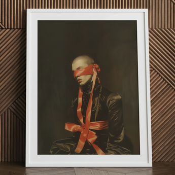bald man with red blindfold and sash.