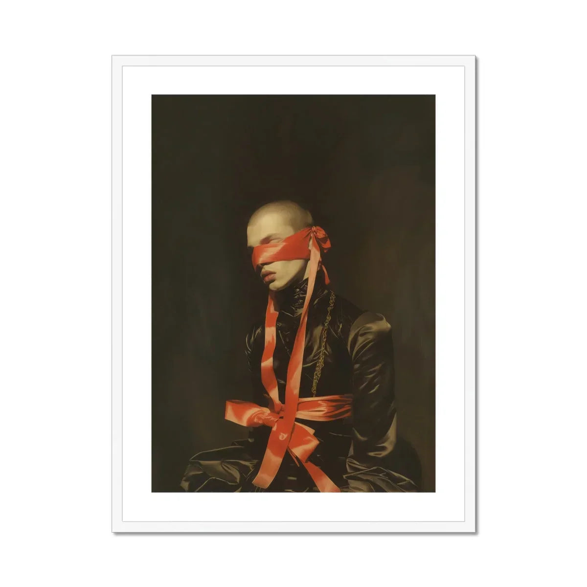 See no Evil Luxe Gay Bondage Art Print, Framed Art Print Person Blindfolded Bound Red Ribbon