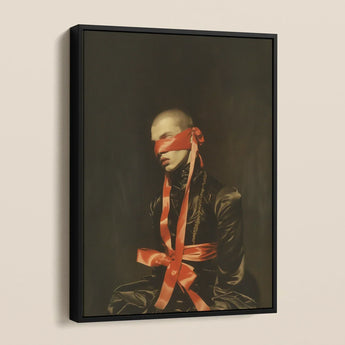 See no Evil - Luxe Gay Bondage Framed Canvas, Framed Artwork Figure Blindfolded Bound Red Ribbons
