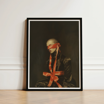 Black-framed Art Print Portrait Figure Red Ribbon Tied Luxe Gay Bondage, Vision Wrapped