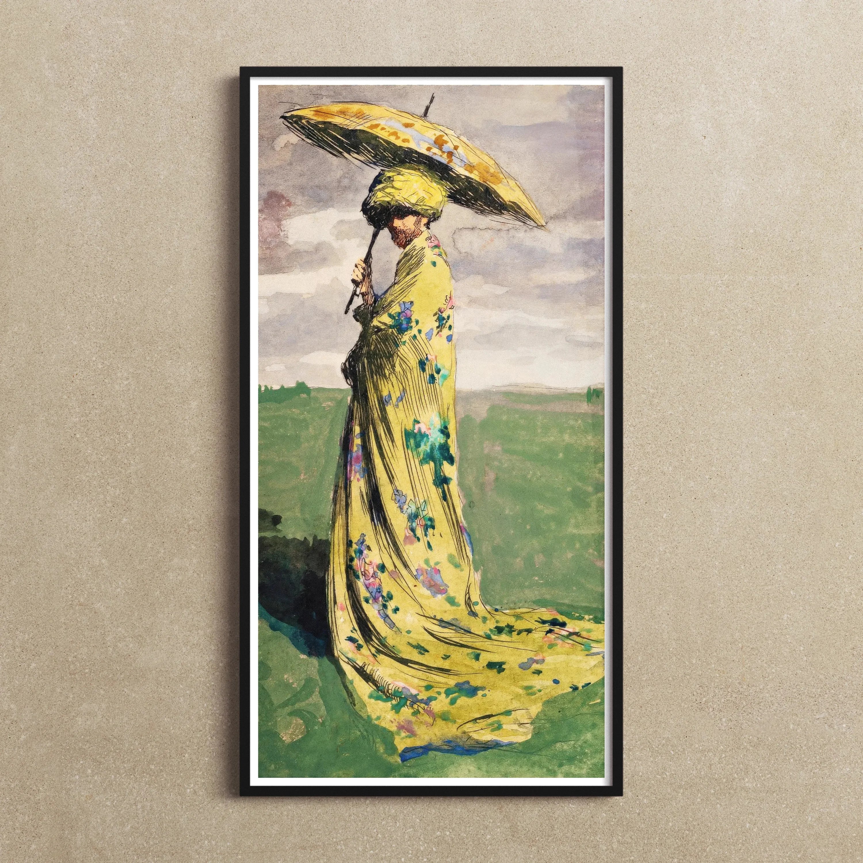 Self Caricature with Parasol - Max švabinský Art Print, Painting Figure Yellow Floral Dress Umbrella