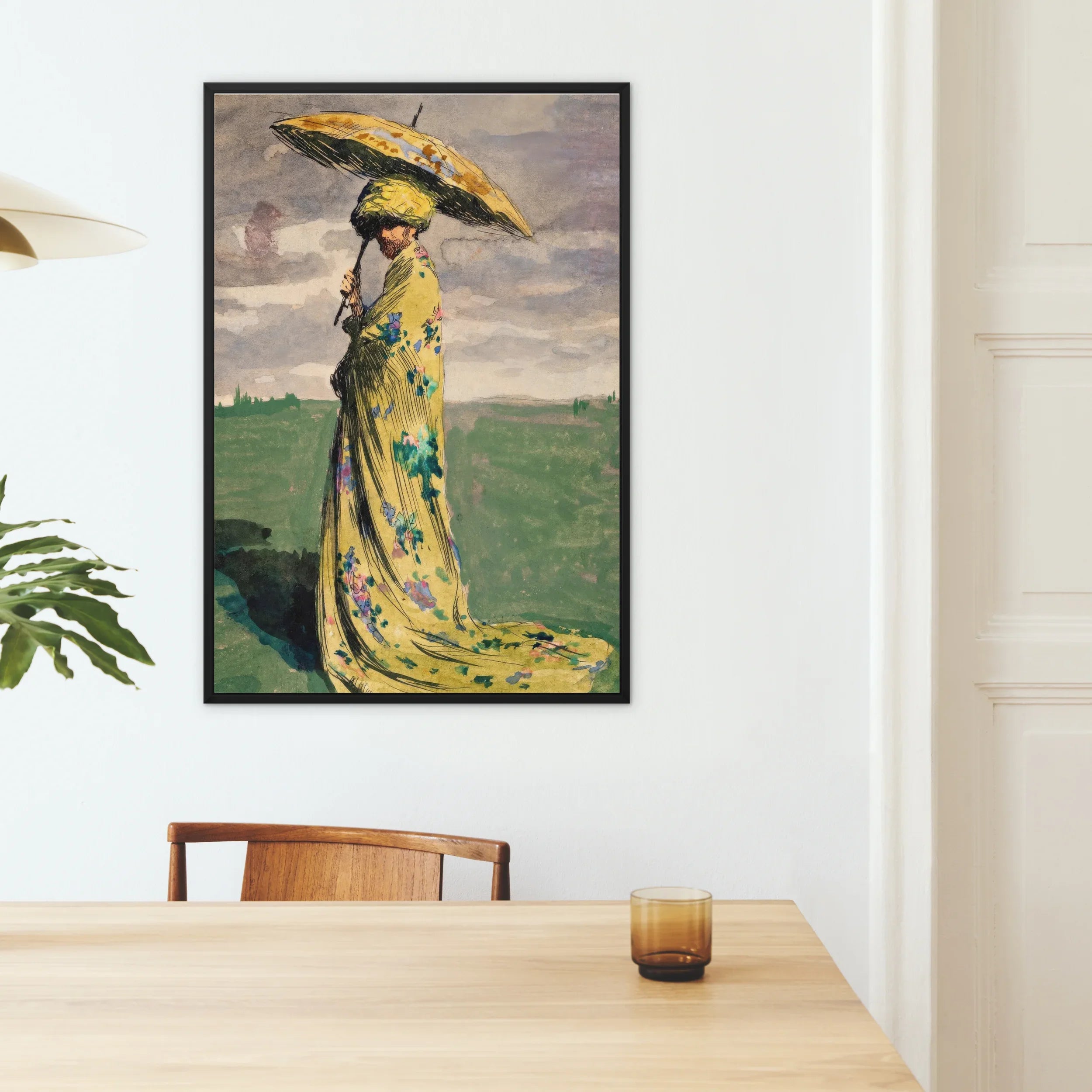 Self Caricature with Parasol - Max švabinský Framed Canvas, Framed Artwork Figure Yellow Floral Dress Parasol