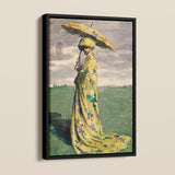 Self Caricature with Parasol Max švabinský Framed Canvas, Figure Yellow Floral Dress Parasol