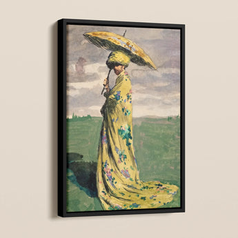 Self Caricature with Parasol Max švabinský Framed Canvas, Figure Yellow Floral Dress Parasol
