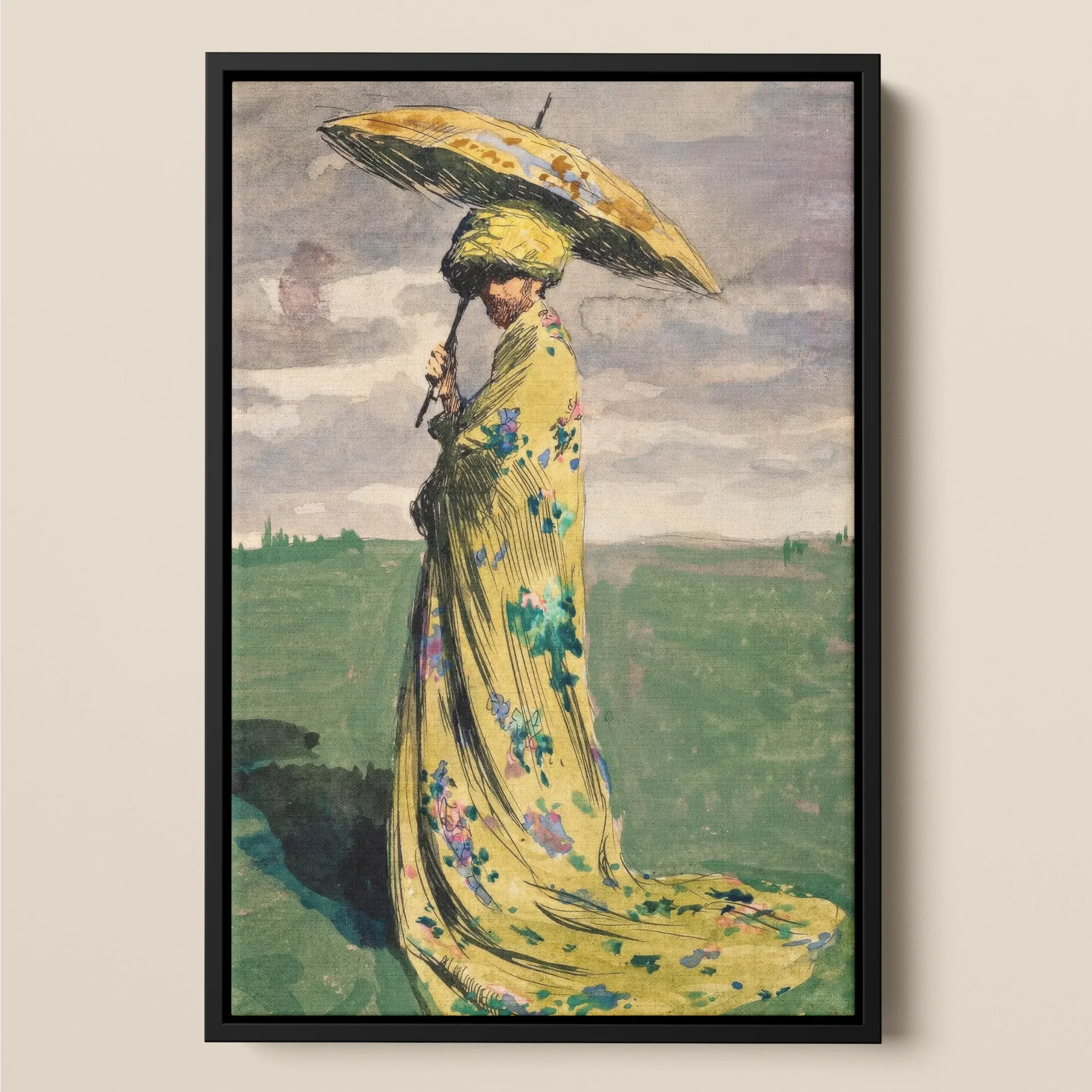 Self Caricature with Parasol - Max švabinský Framed Canvas