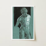 Self Portrait as a Nude - Albrecht Durer Art Print / Canvas Framed Sketch Muscular Bearded Male Figure Teal-toned Monochrome Young, Steps