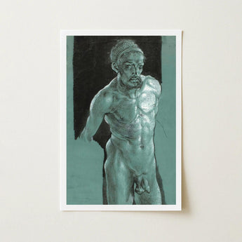 Self Portrait as a Nude - Albrecht Durer Art Print / Canvas Framed Sketch Muscular Bearded Male Figure Teal-toned Monochrome Young, Steps